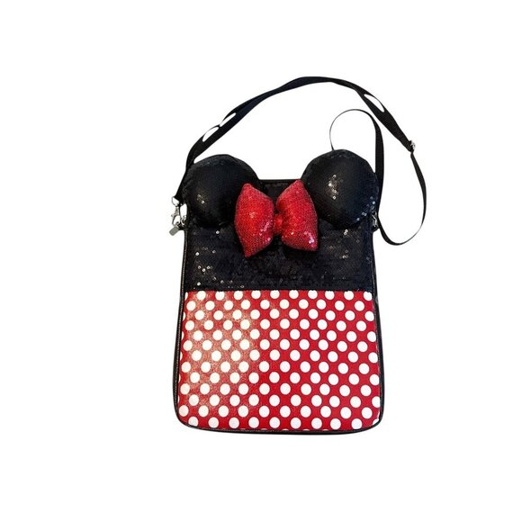 Disney Parks Minnie Mouse Sequined Polka Dot Tablet Crossbody Bag Ears - Picture 1 of 8